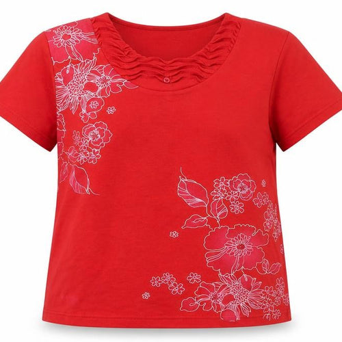 Fay Louise Womens Red Cotton Basic Blouse Size M Round Neck - Flowers Beaded Detail