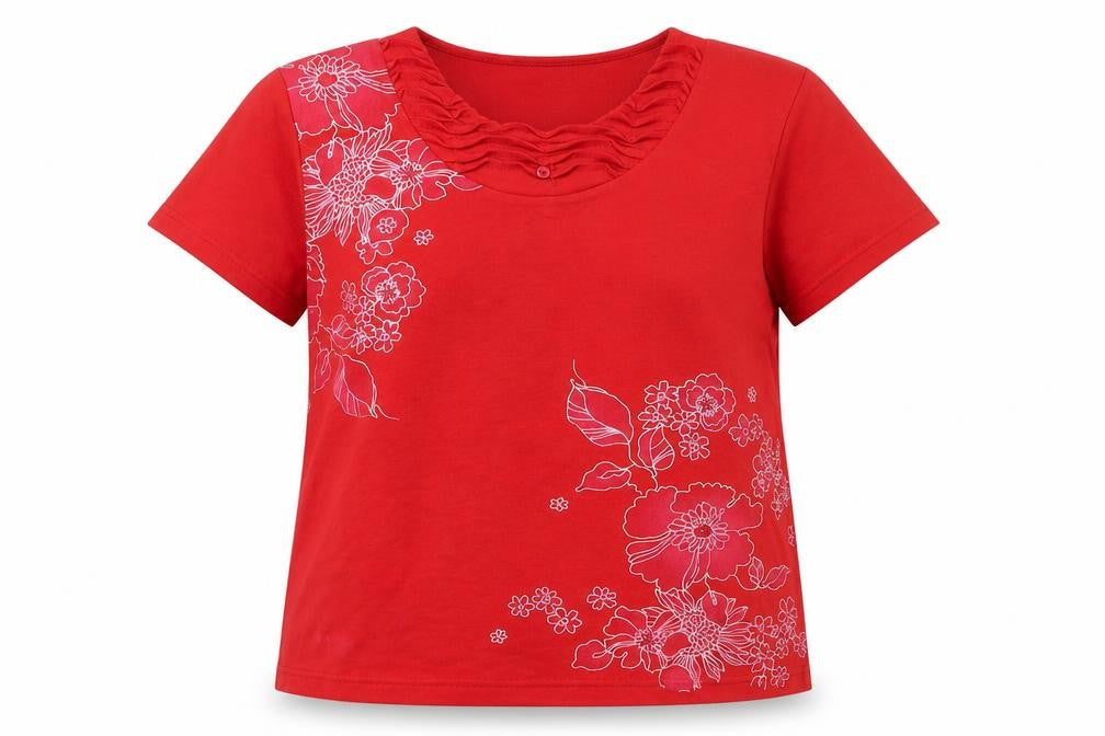 Fay Louise Womens Red Cotton Basic Blouse Size M Round Neck - Flowers Beaded Detail