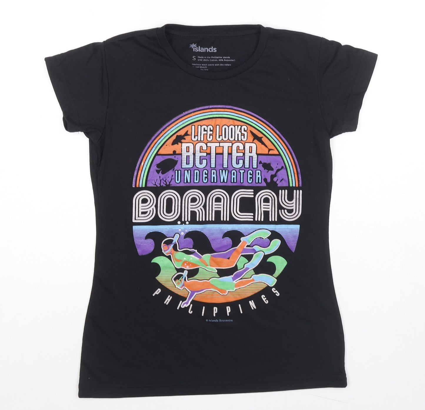 Islands Womens Black Cotton Basic T-Shirt Size S Round Neck - Boracay Thing Look Better Underwater
