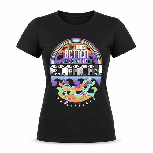 Islands Womens Black Cotton Basic T-Shirt Size S Round Neck - Boracay Thing Look Better Underwater