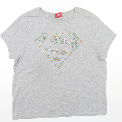 Superman Womens Grey Cotton Basic T-Shirt Size 18 Round Neck - Sequin Logo