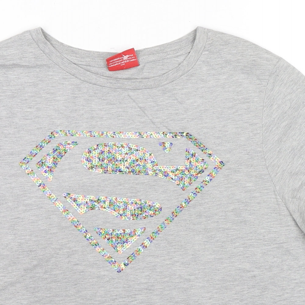Superman Womens Grey Cotton Basic T-Shirt Size 18 Round Neck - Sequin Logo