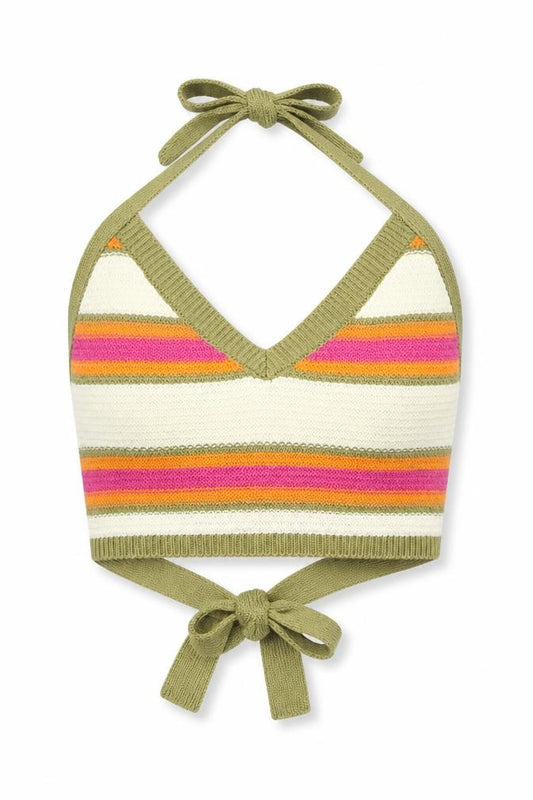 Front view of Topshop women’s multicoloured striped polyester wrap tank, size XS, v-neck