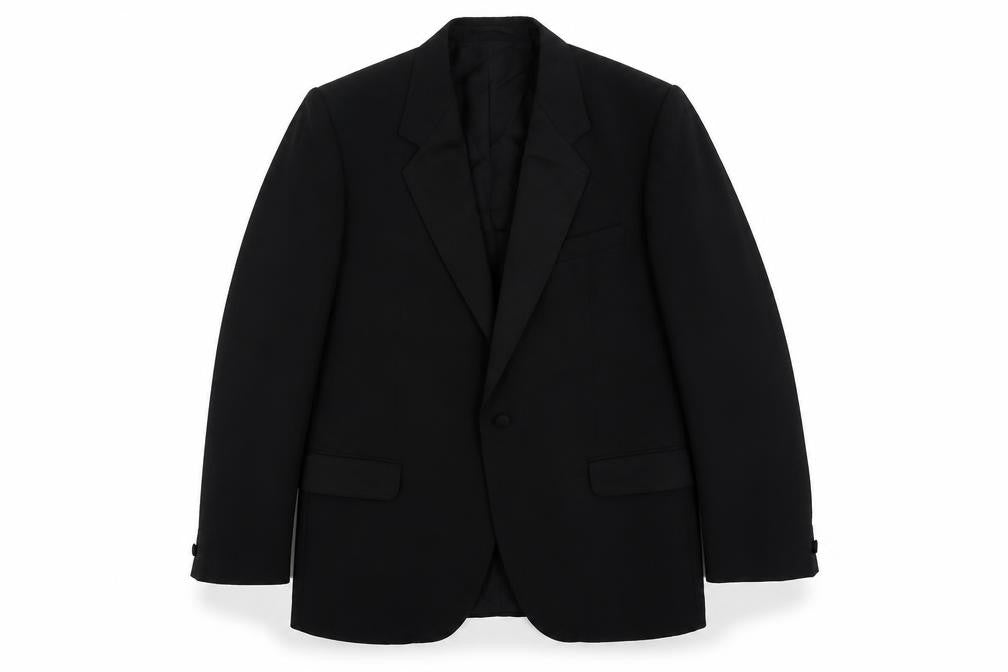 Front view of Varteks men’s black polyester tuxedo suit jacket, size 40, regular