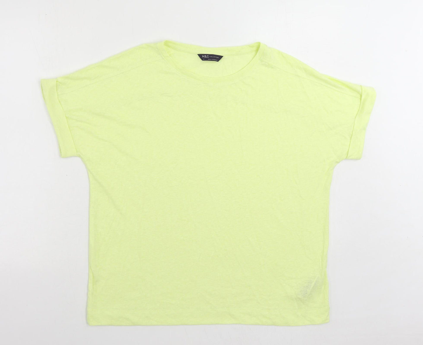 Marks and Spencer Womens Yellow Linen Basic T-Shirt Size 14 Crew Neck