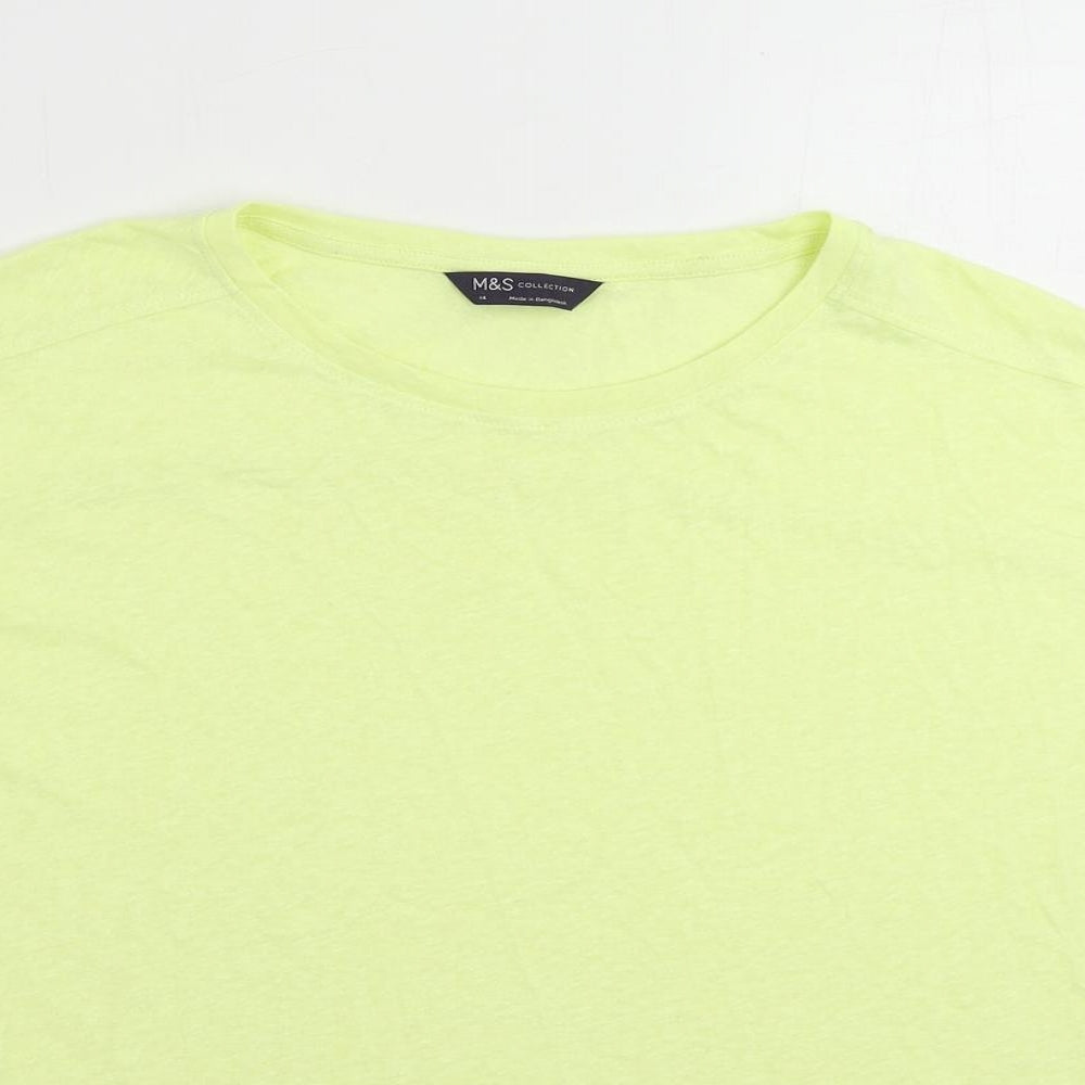 Marks and Spencer Womens Yellow Linen Basic T-Shirt Size 14 Crew Neck