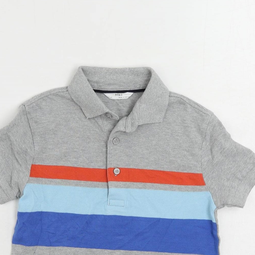 Marks and Spencer Boys Grey Striped Cotton Pullover Polo Size 5-6 Years Collared Button