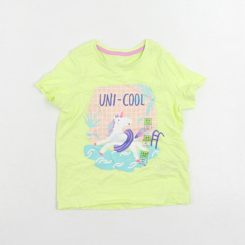 Marks and Spencer Girls Yellow Cotton Pullover T-Shirt Size 2-3 Years Crew Neck Pullover - Unicorn