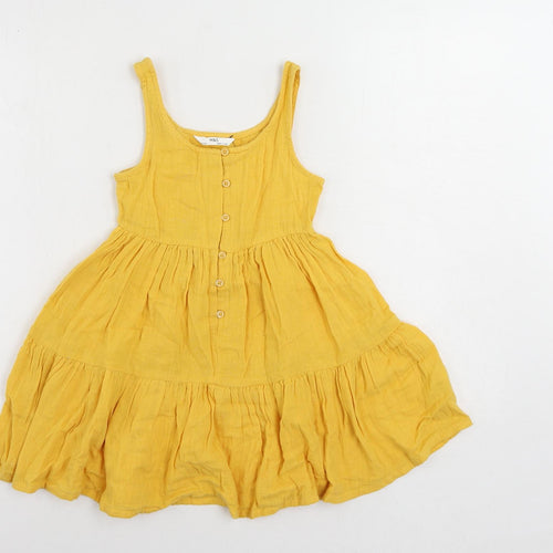 Marks and Spencer Girls Yellow Cotton Tank Dress Size 6-7 Years Scoop Neck Button