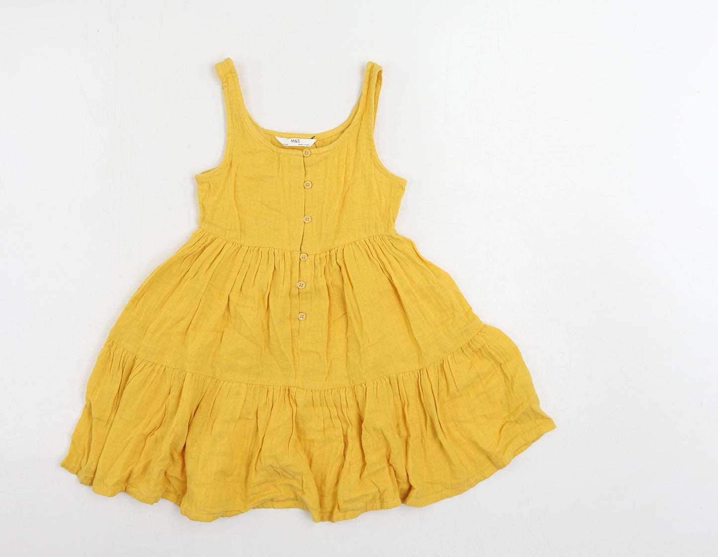Marks and Spencer Girls Yellow Cotton Tank Dress Size 6-7 Years Scoop Neck Button