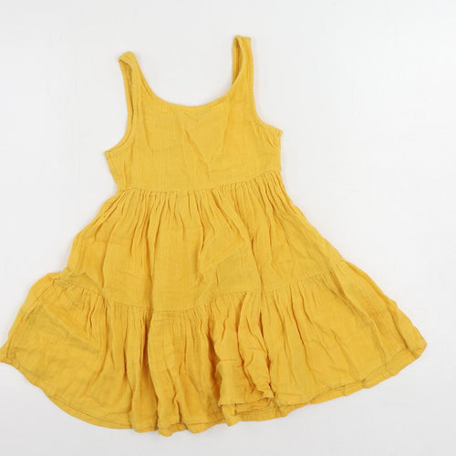 Marks and Spencer Girls Yellow Cotton Tank Dress Size 6-7 Years Scoop Neck Button