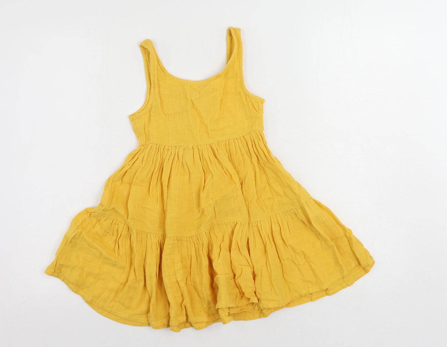 Marks and Spencer Girls Yellow Cotton Tank Dress Size 6-7 Years Scoop Neck Button