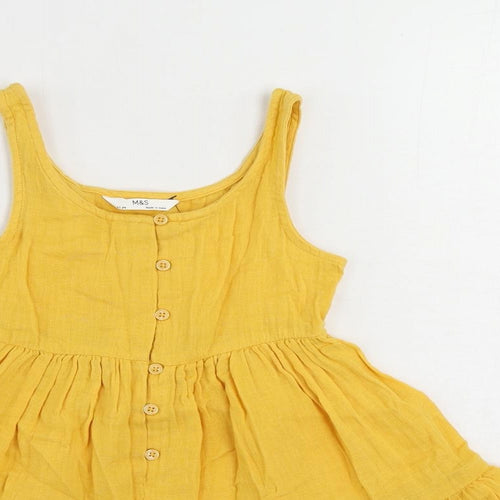 Marks and Spencer Girls Yellow Cotton Tank Dress Size 6-7 Years Scoop Neck Button