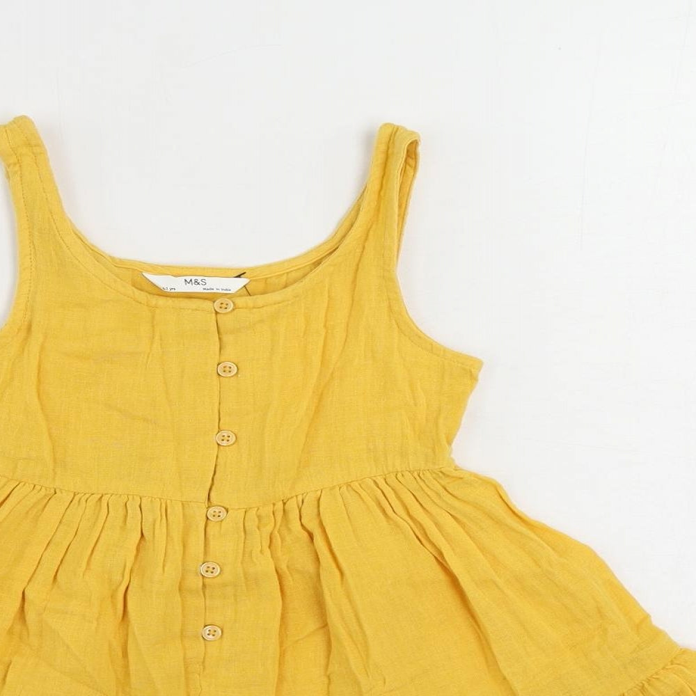 Marks and Spencer Girls Yellow Cotton Tank Dress Size 6-7 Years Scoop Neck Button