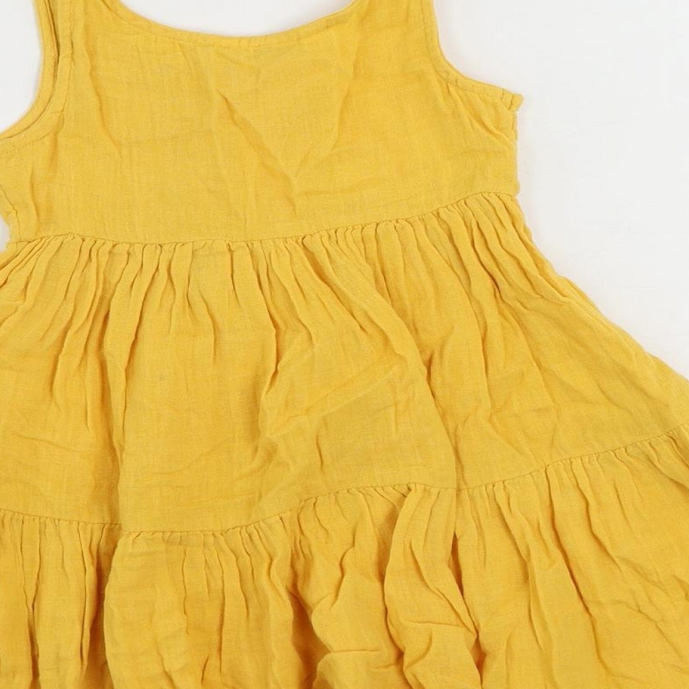 Marks and Spencer Girls Yellow Cotton Tank Dress Size 6-7 Years Scoop Neck Button