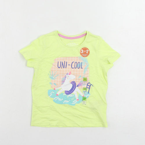 Marks and Spencer Girls Yellow Cotton Pullover T-Shirt Size 3-4 Years Crew Neck Pullover - Unicorn