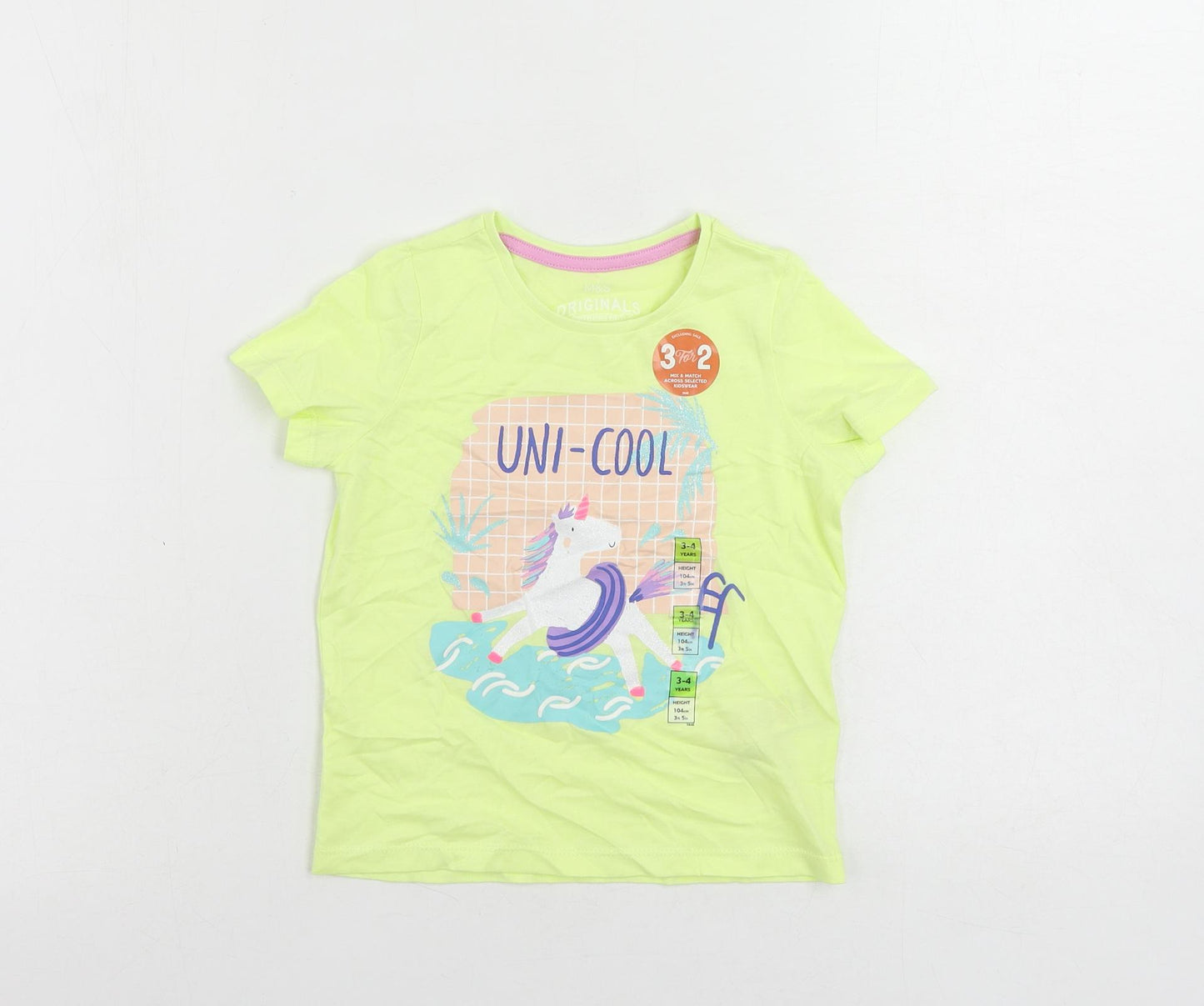 Marks and Spencer Girls Yellow Cotton Pullover T-Shirt Size 3-4 Years Crew Neck Pullover - Unicorn