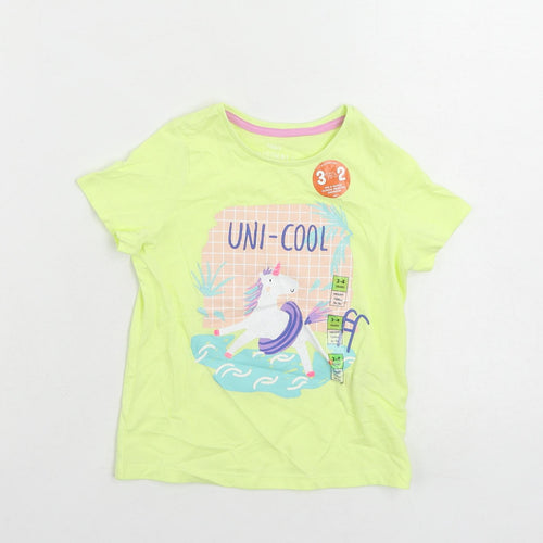 Marks and Spencer Girls Yellow Cotton Pullover T-Shirt Size 3-4 Years Crew Neck Pullover - Unicorn