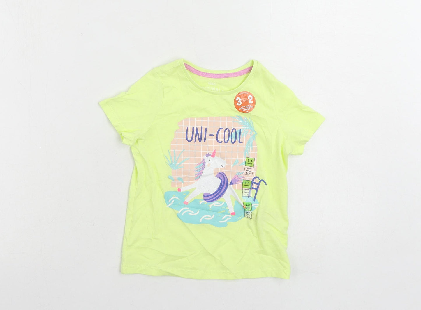 Marks and Spencer Girls Yellow Cotton Pullover T-Shirt Size 3-4 Years Crew Neck Pullover - Unicorn