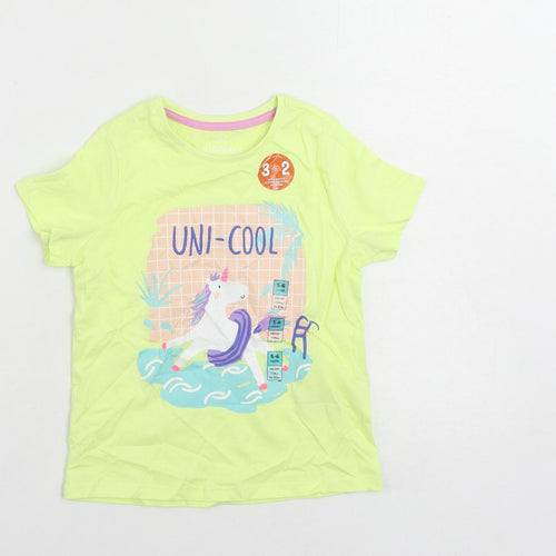 Marks and Spencer Girls Yellow Cotton Pullover T-Shirt Size 5-6 Years Crew Neck Pullover - Unicorn