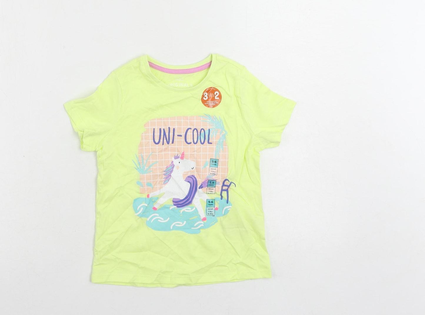 Marks and Spencer Girls Yellow Cotton Pullover T-Shirt Size 5-6 Years Crew Neck Pullover - Unicorn