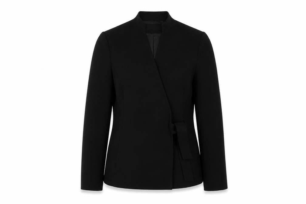 Front view of Zara women’s black jacket blazer, size UK 12, tie