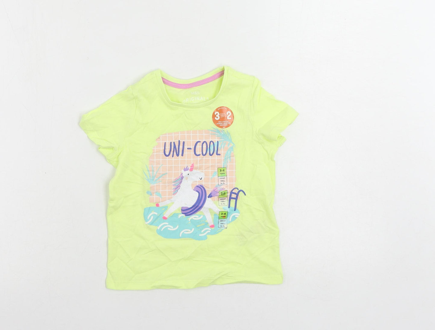 Marks and Spencer Girls Yellow Cotton Pullover T-Shirt Size 3-4 Years Crew Neck Pullover - Unicorn