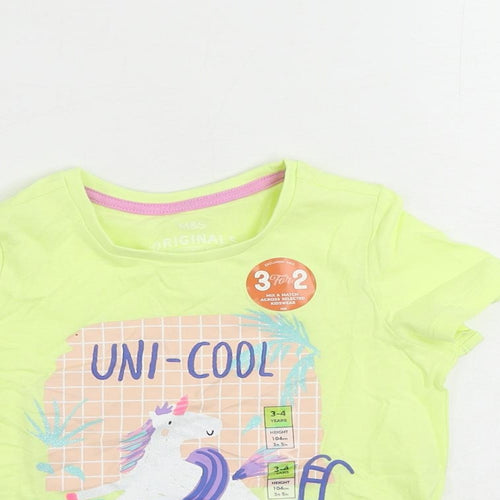 Marks and Spencer Girls Yellow Cotton Pullover T-Shirt Size 3-4 Years Crew Neck Pullover - Unicorn