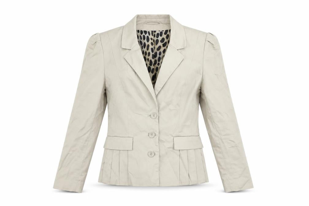 Front view of H&M women’s beige jacket blazer, size UK 8, button