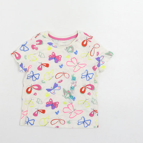 Marks and Spencer Girls Ivory Geometric Cotton Pullover T-Shirt Size 4-5 Years Crew Neck Pullover - Butterfly Pattern