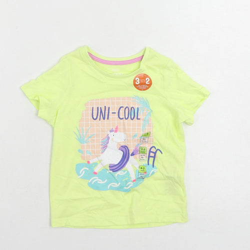 Marks and Spencer Girls Yellow Cotton Pullover T-Shirt Size 2-3 Years Crew Neck Pullover - Unicorn