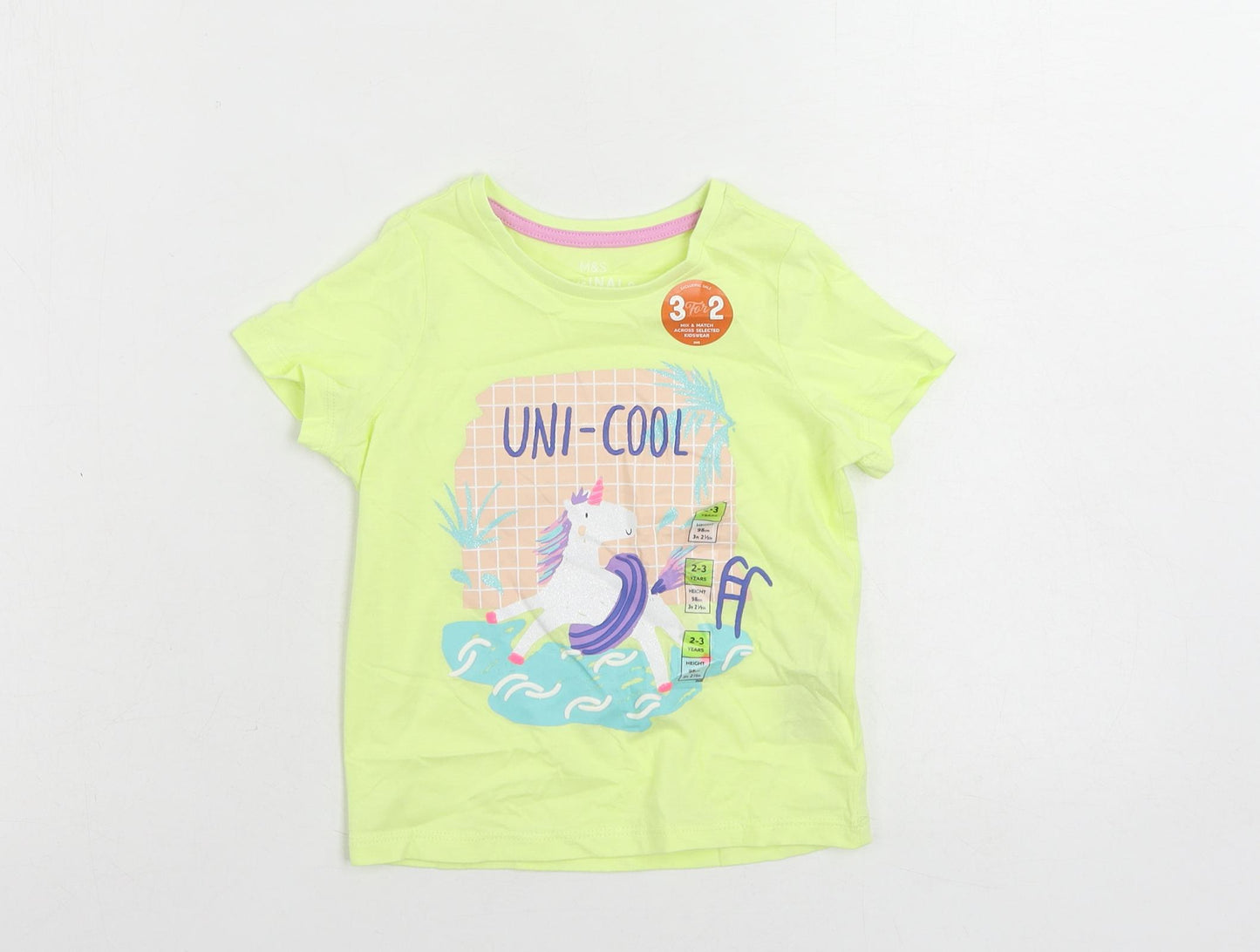 Marks and Spencer Girls Yellow Cotton Pullover T-Shirt Size 2-3 Years Crew Neck Pullover - Unicorn