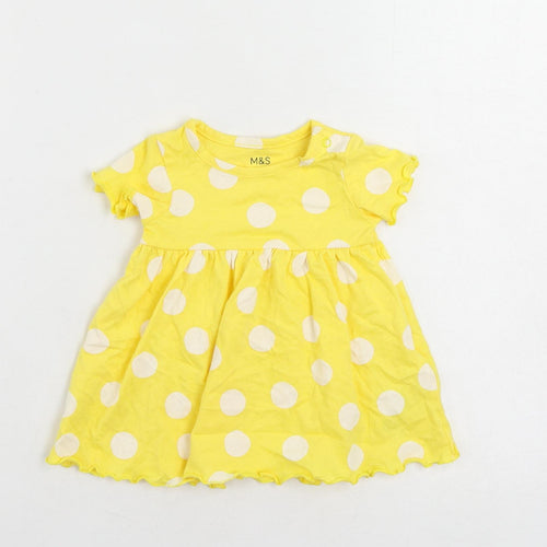 Marks and Spencer Girls Yellow Polka Dot Cotton A-Line Size 3-6 Months Round Neck Snap