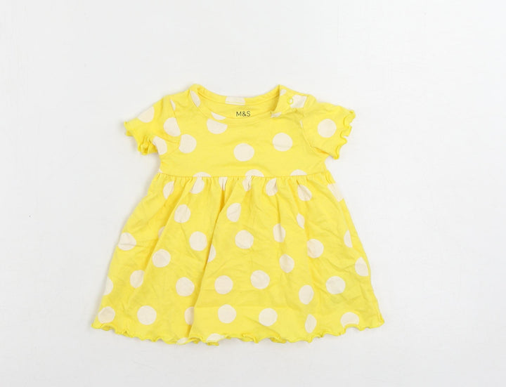Marks and Spencer Girls Yellow Polka Dot Cotton A-Line Size 3-6 Months Round Neck Snap