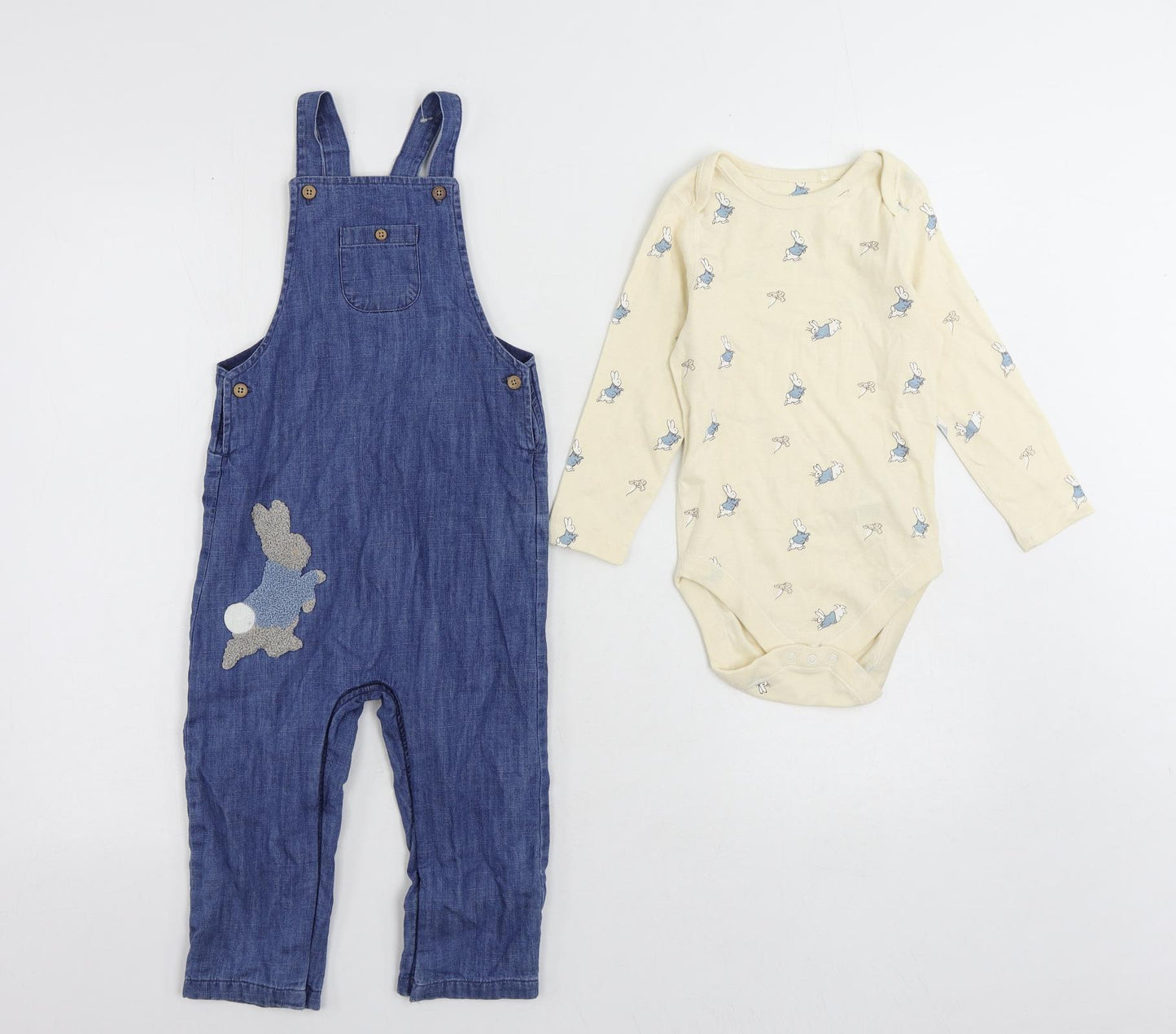 Marks and Spencer Baby Blue Geometric Cotton Dungaree Outfit/Set Size 18-24 Months Button - Rabbit