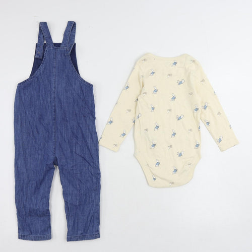 Marks and Spencer Baby Blue Geometric Cotton Dungaree Outfit/Set Size 18-24 Months Button - Rabbit