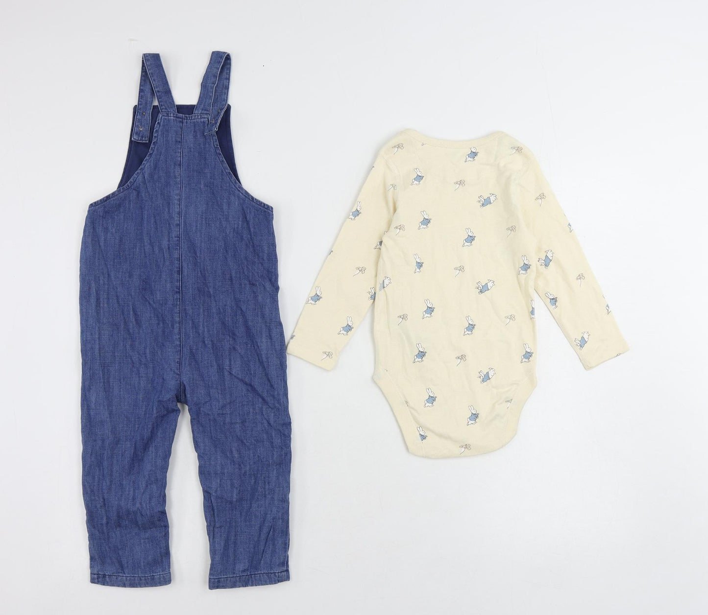 Marks and Spencer Baby Blue Geometric Cotton Dungaree Outfit/Set Size 18-24 Months Button - Rabbit