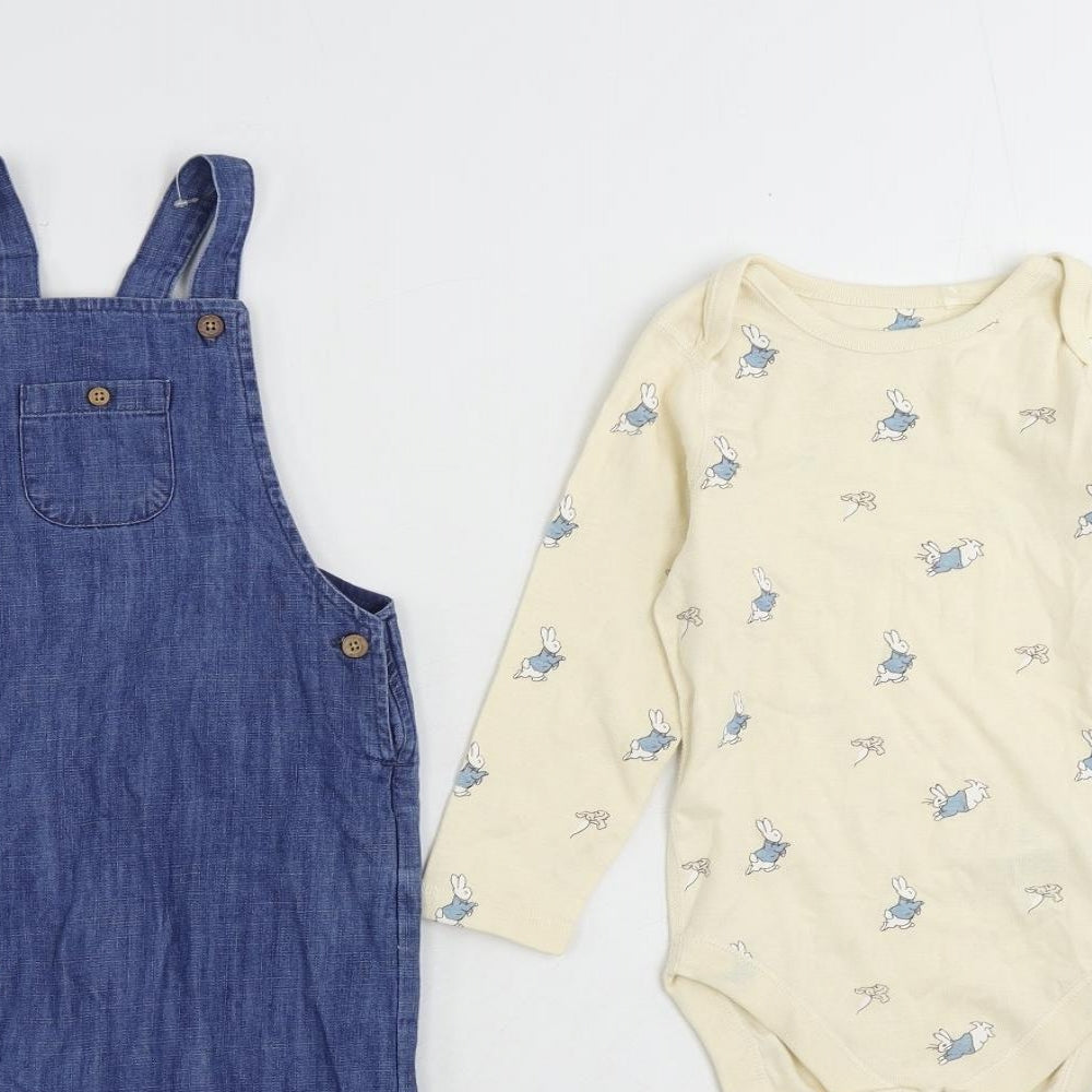 Marks and Spencer Baby Blue Geometric Cotton Dungaree Outfit/Set Size 18-24 Months Button - Rabbit