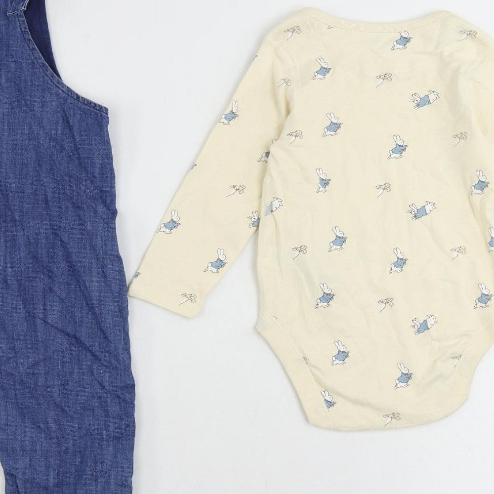 Marks and Spencer Baby Blue Geometric Cotton Dungaree Outfit/Set Size 18-24 Months Button - Rabbit