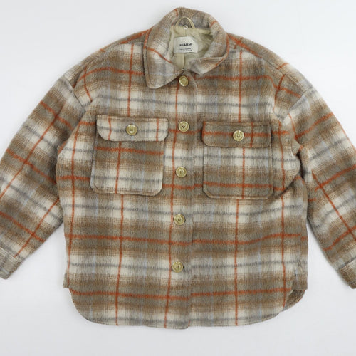 Pull&Bear Womens Brown Plaid Jacket Size S Button - Oversized