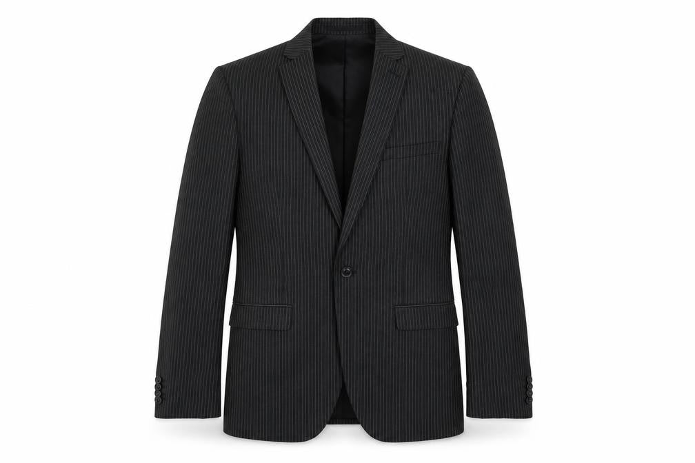 Front view of Topman men’s black striped polyester jacket suit jacket, size 38, regular