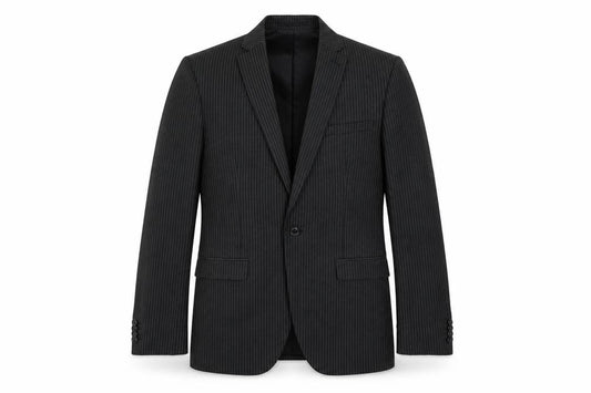 Front view of Topman men’s black striped polyester jacket suit jacket, size 38, regular