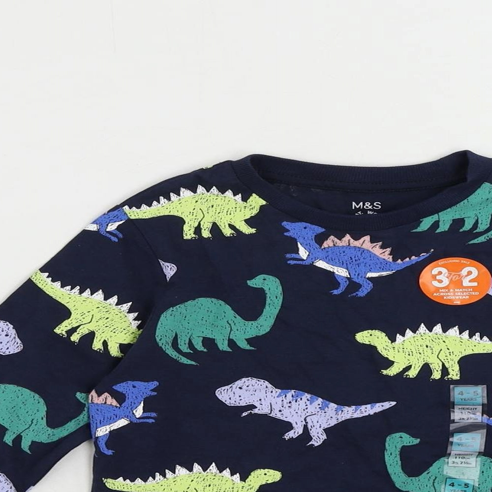 Marks and Spencer Boys Blue Geometric Cotton Pullover T-Shirt Size 4-5 Years Crew Neck Pullover - Dinosaur Print