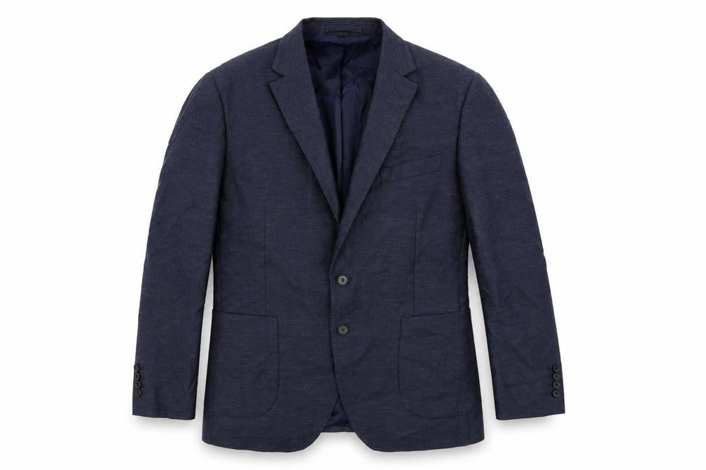 Front view of Marks & Spencer men’s blue polyester jacket suit jacket, size 42, regular