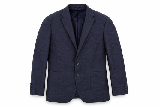 Front view of Marks & Spencer men’s blue polyester jacket suit jacket, size 42, regular