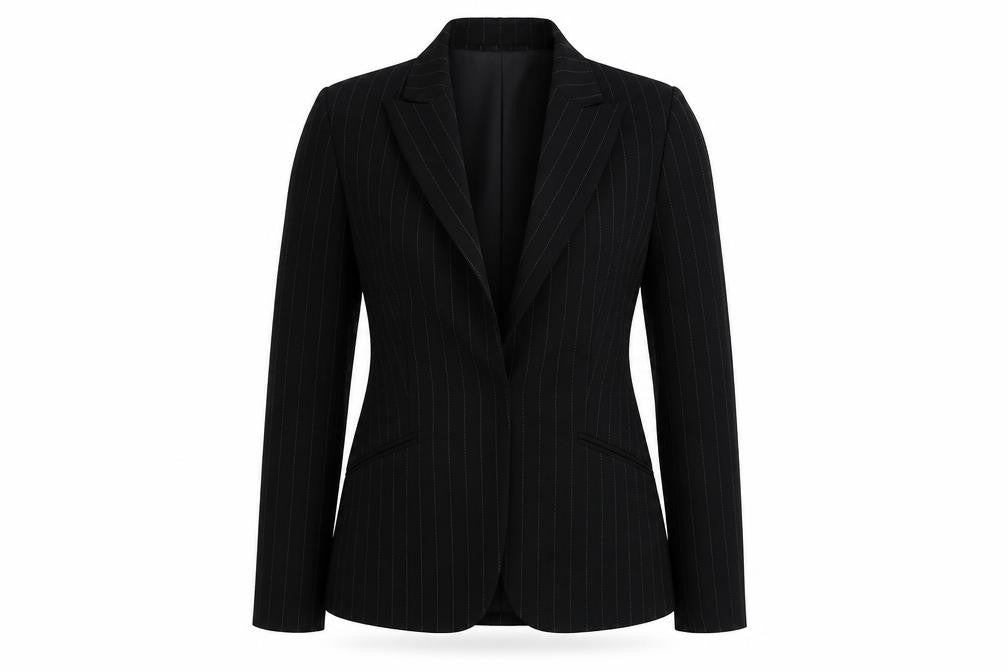 Front view of Debenhams women’s black striped jacket blazer, size UK 10, button