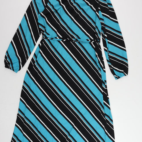 Marks and Spencer Womens Blue Striped Polyester A-Line Size 10 Mock Neck Button