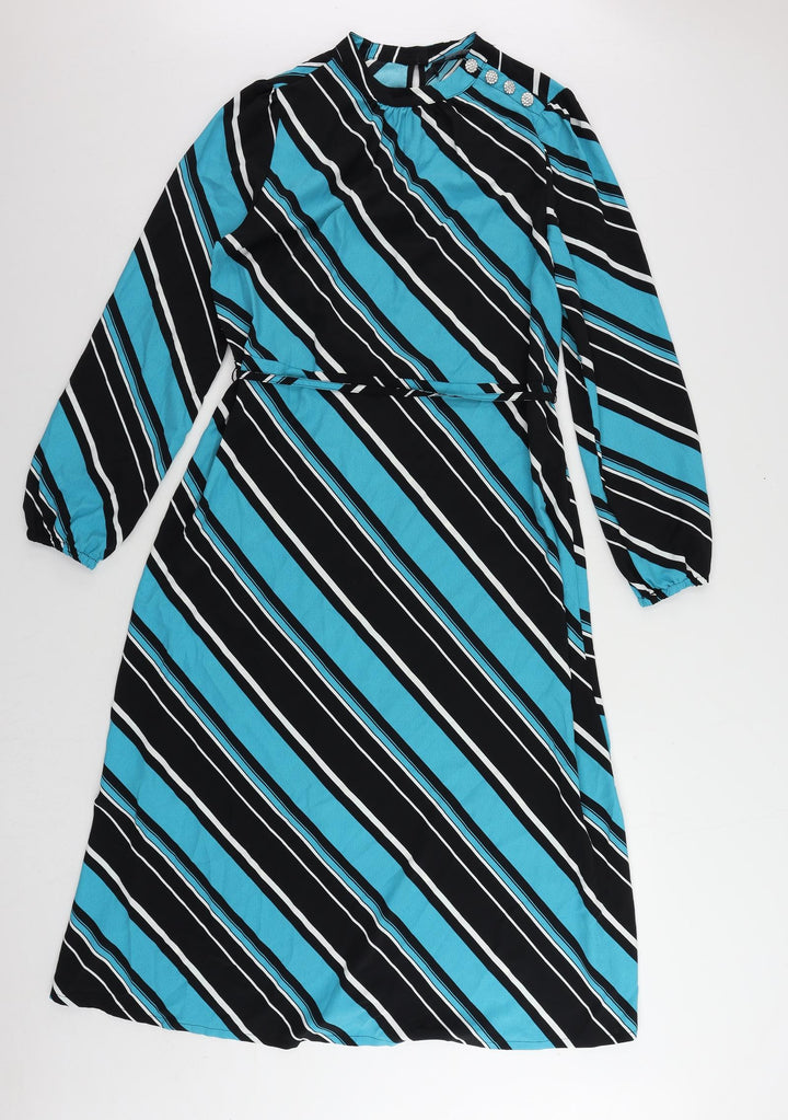 Marks and Spencer Womens Blue Striped Polyester A-Line Size 10 Mock Neck Button