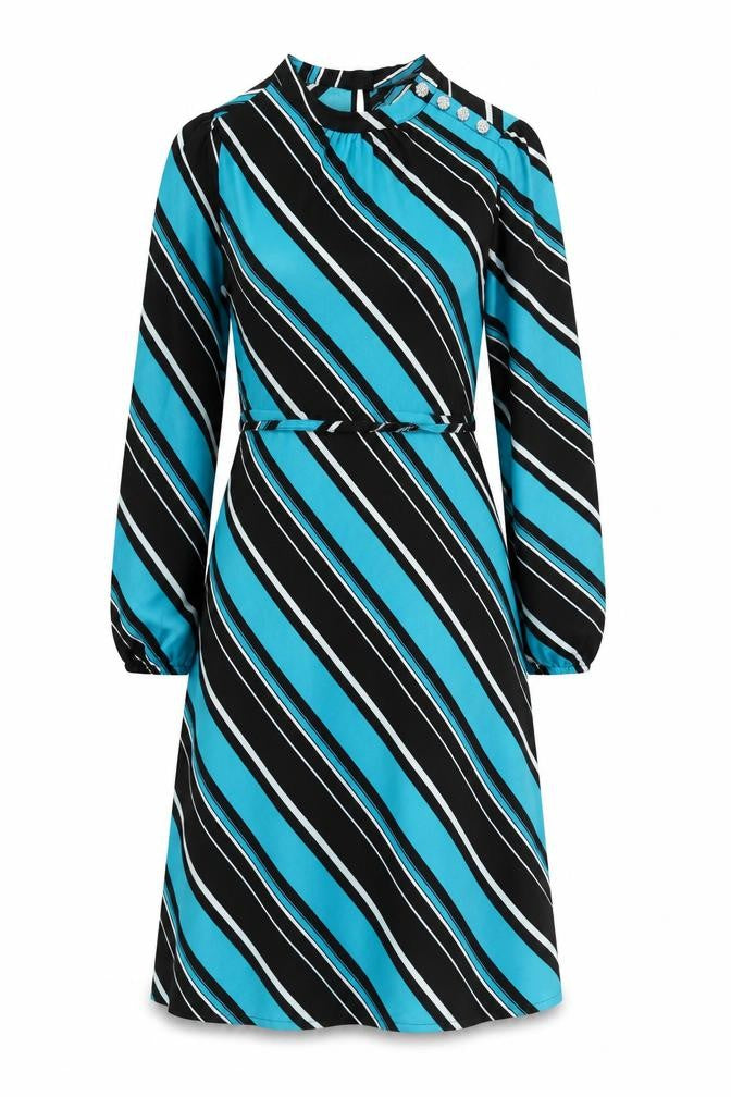 Front view of Marks & Spencer women’s blue striped polyester a-line, size UK 10, mock neck button