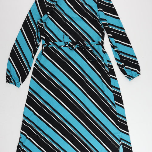 Marks and Spencer Womens Blue Striped Polyester A-Line Size 10 Mock Neck Button